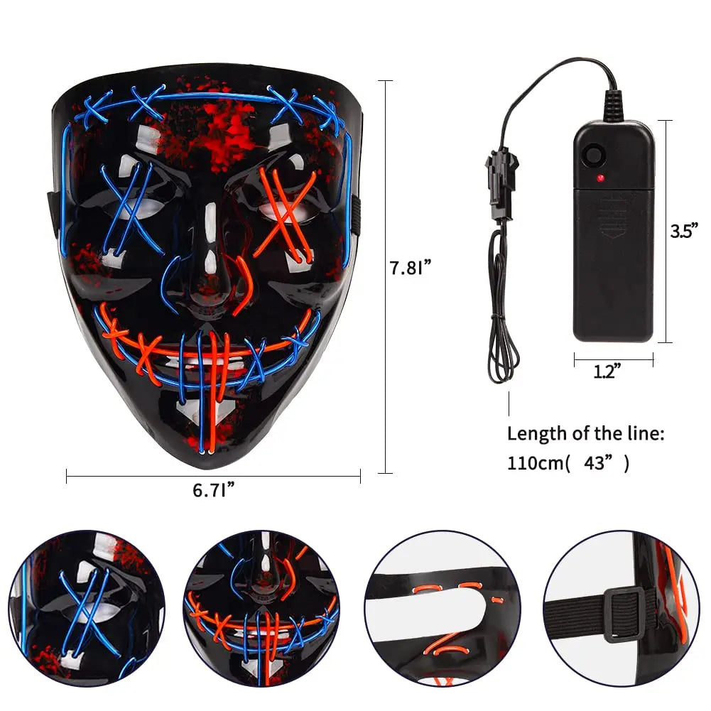 Halloween V‑Shaped LED Glowing Mask – Red & Blue Lights, 3 Modes, Skin‑Friendly Material, Multi‑Festival Party Costume
