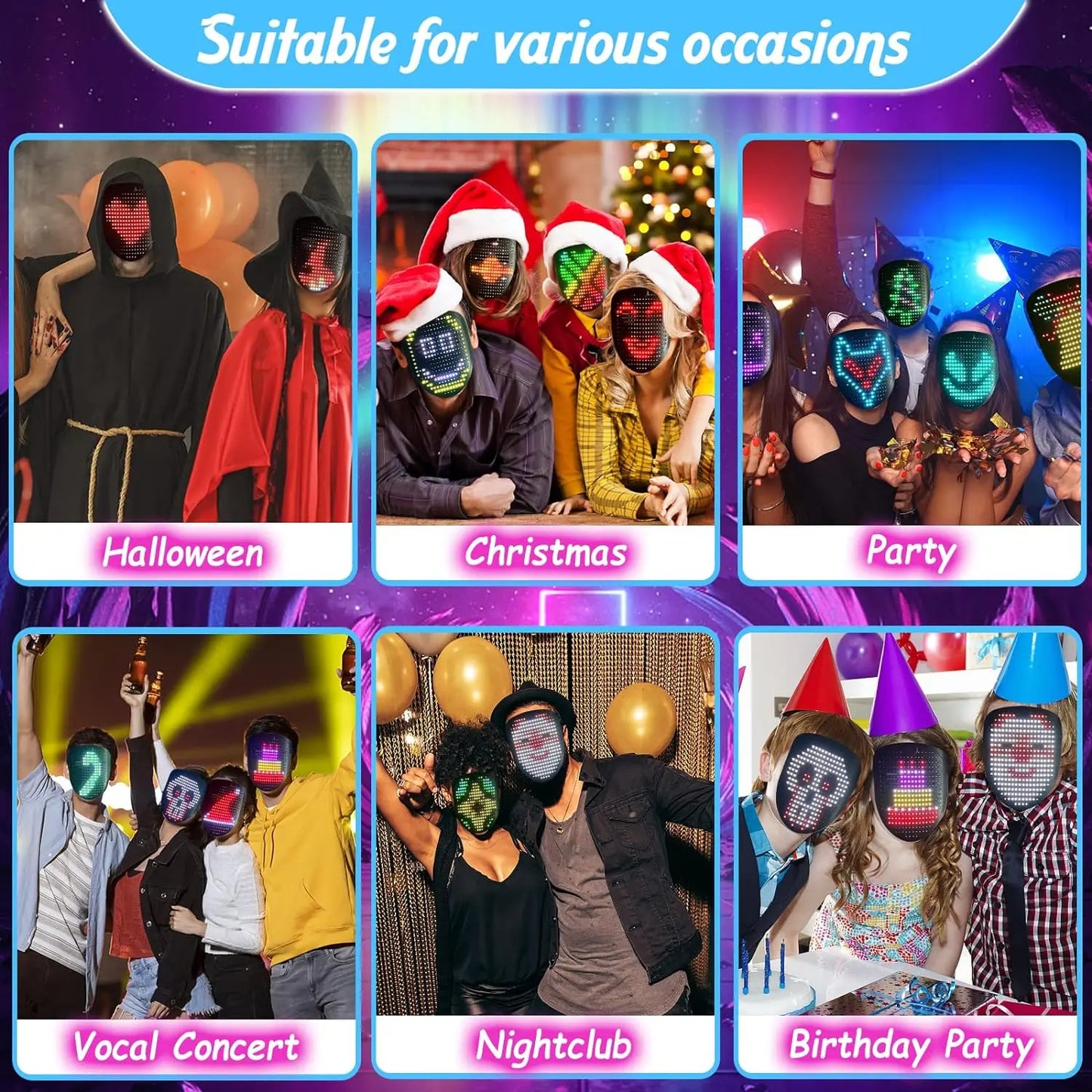 Bluetooth LED Mask with APP Control – DIY Animation, Text & Picture Display Halloween, Christmas, Carnival & Party Costume