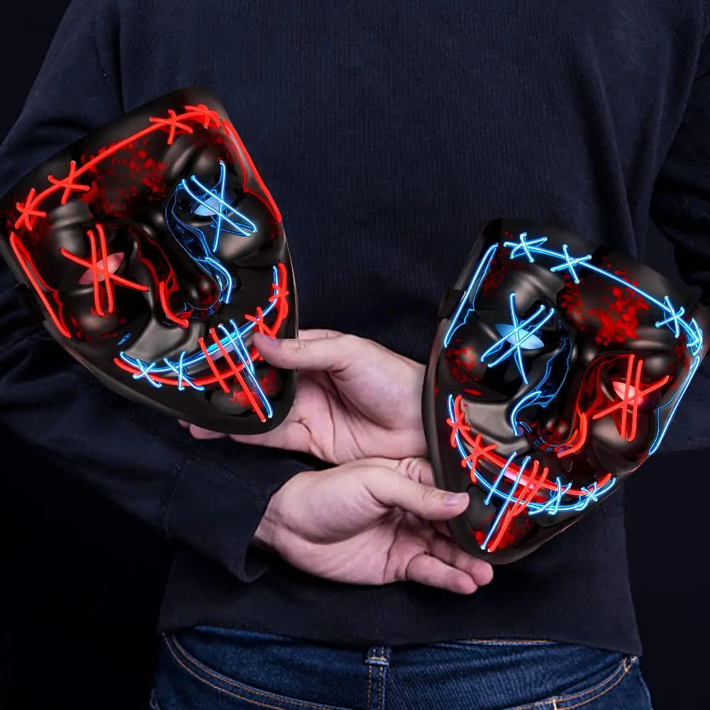 Halloween V‑Shaped LED Glowing Mask – Red & Blue Lights, 3 Modes, Skin‑Friendly Material, Multi‑Festival Party Costume