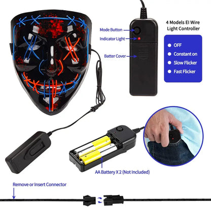 Halloween V‑Shaped LED Glowing Mask – Red & Blue Lights, 3 Modes, Skin‑Friendly Material, Multi‑Festival Party Costume