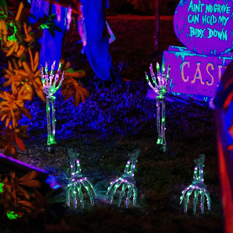 Halloween Outdoor Solar Ground Lights – Spooky Skeleton Hand Bone Pathway Lamps with 150 LED, Waterproof IP44 Courtyard Garden Ambience Lighting, Purple & Green Glow, Solar Powered Yard Decoration