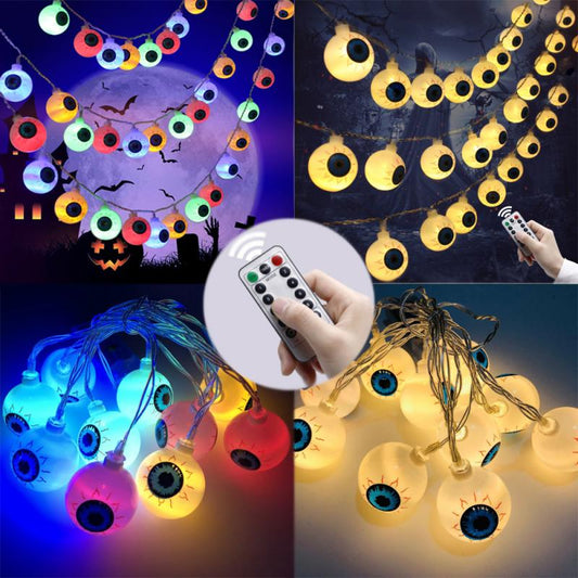 Halloween LED Eyeball String Lights – Battery Powered Creepy Décor (10 or 20 Lights, Warm/White/Colorful)