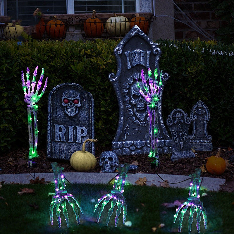 Halloween Outdoor Solar Ground Lights – Spooky Skeleton Hand Bone Pathway Lamps with 150 LED, Waterproof IP44 Courtyard Garden Ambience Lighting, Purple & Green Glow, Solar Powered Yard Decoration