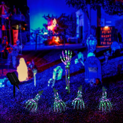 Halloween Outdoor Solar Ground Lights – Spooky Skeleton Hand Bone Pathway Lamps with 150 LED, Waterproof IP44 Courtyard Garden Ambience Lighting, Purple & Green Glow, Solar Powered Yard Decoration